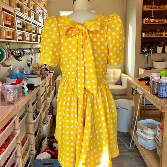 GLITTERS FOR DINNER YELLOW POLKA DOT BOW DRESS - Picture 2 of 3